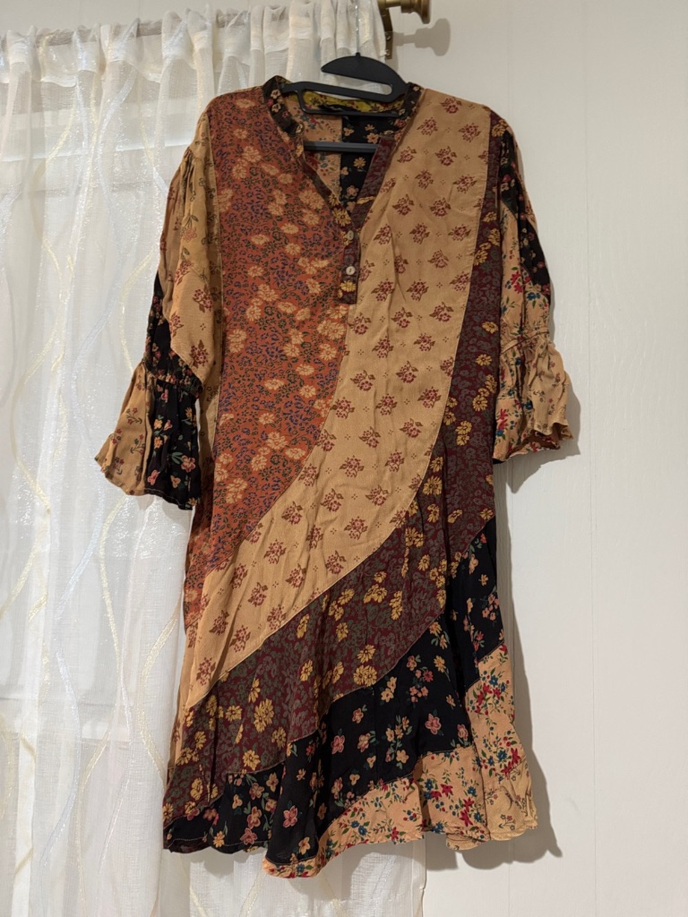 Patchwork Floral Boho Dress in Tan, Black & Burgundy